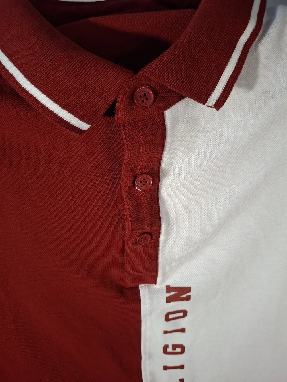 True Religion Split Maroon and White Polo